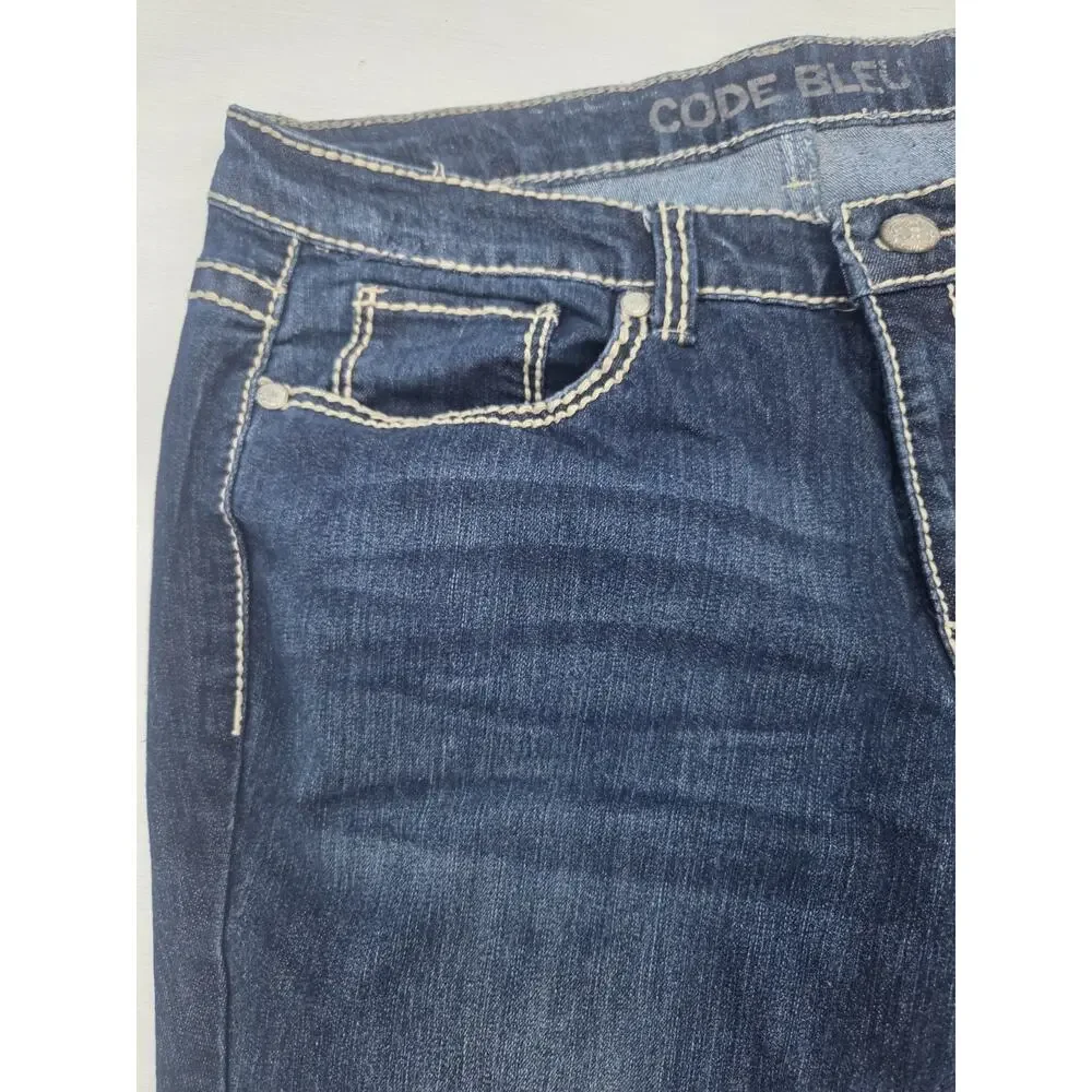 Code Bleu Jeans Andrea Bootcut Blue Denim Stretch Size 14/31R Bling Thick Stitch - Picture 2 of 10